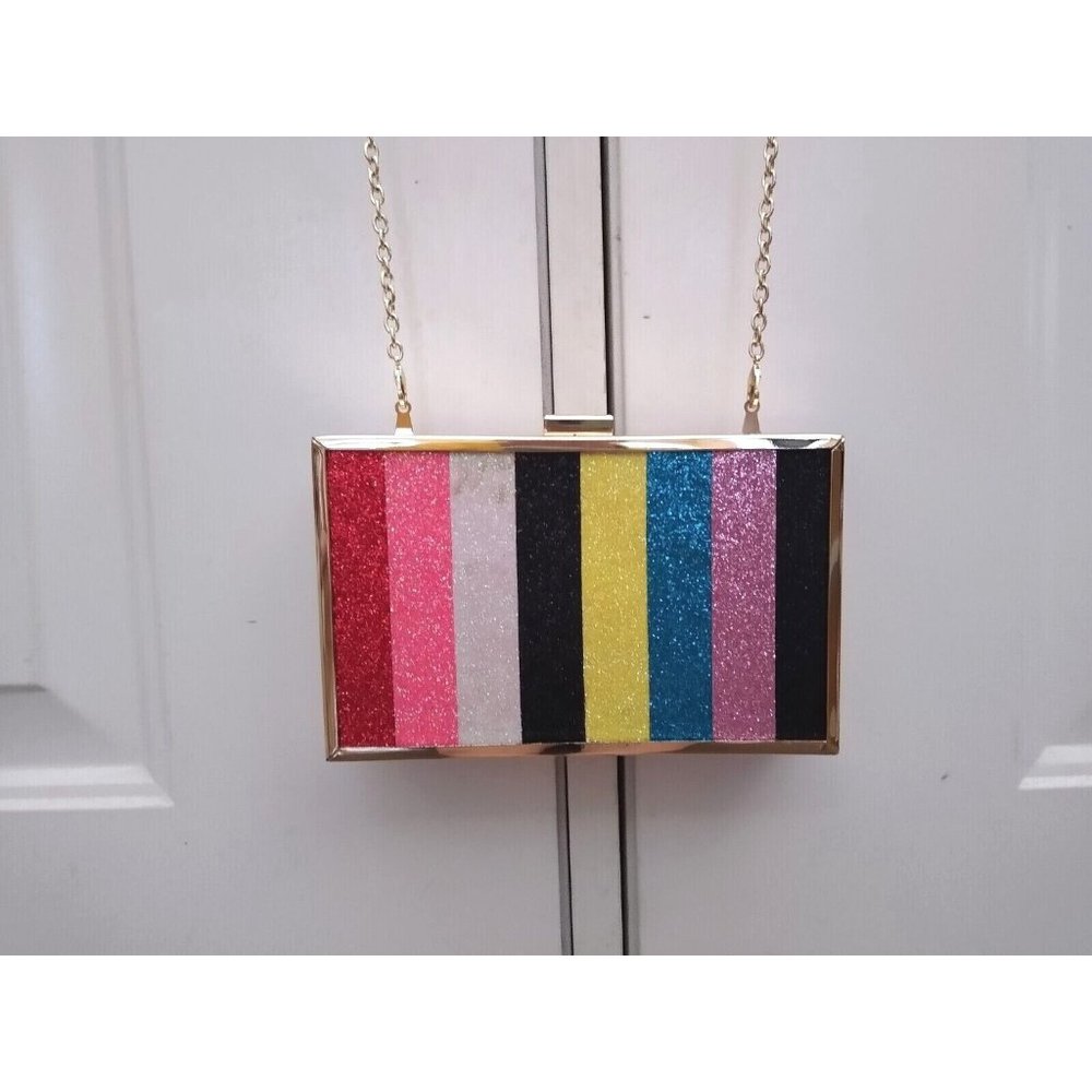 Charming Charlie Metal Rainbow Pride Glitter Striped‎ Handbag Purse RSVP